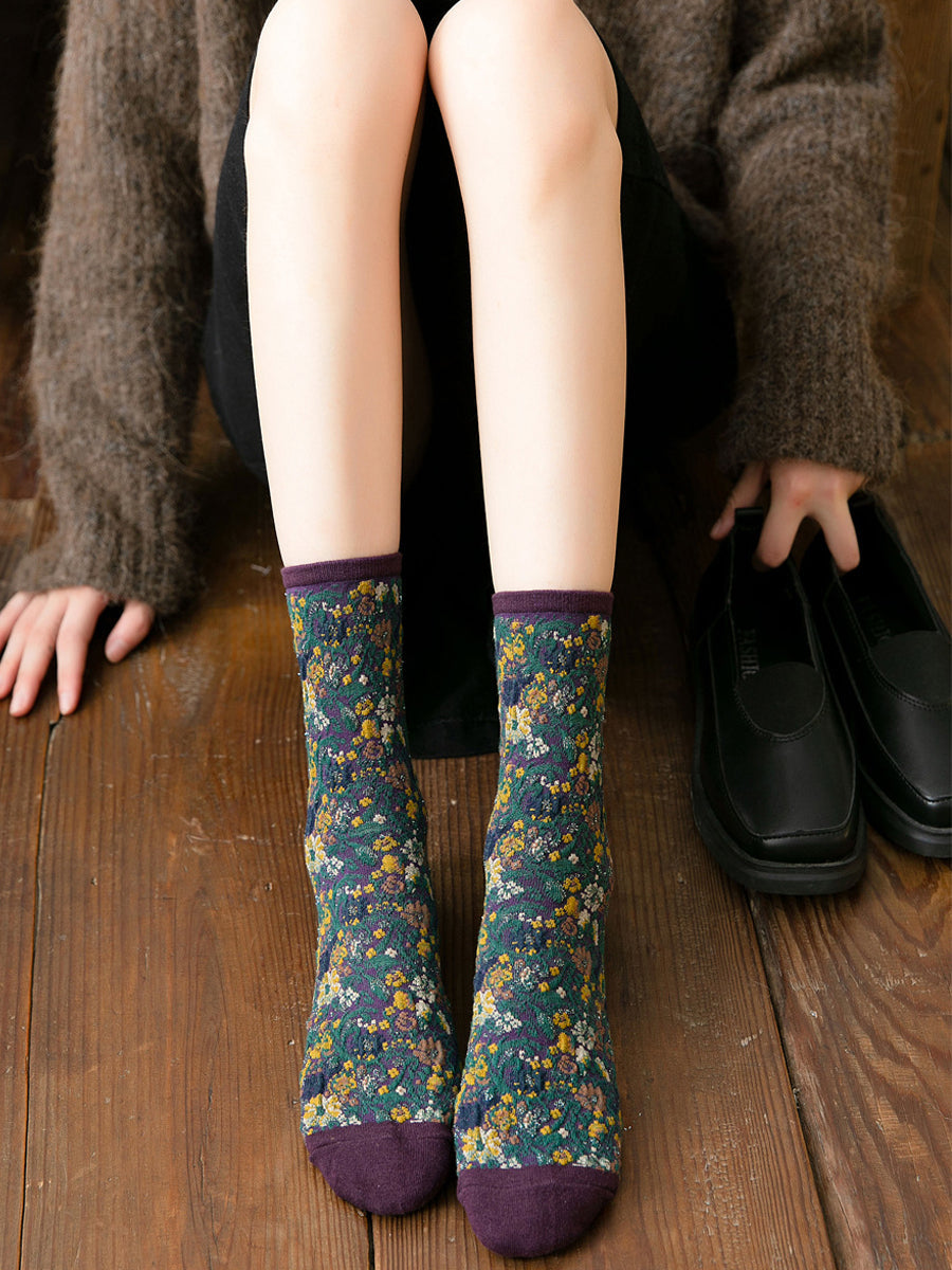 5雙女士冬季花卉中跟襪