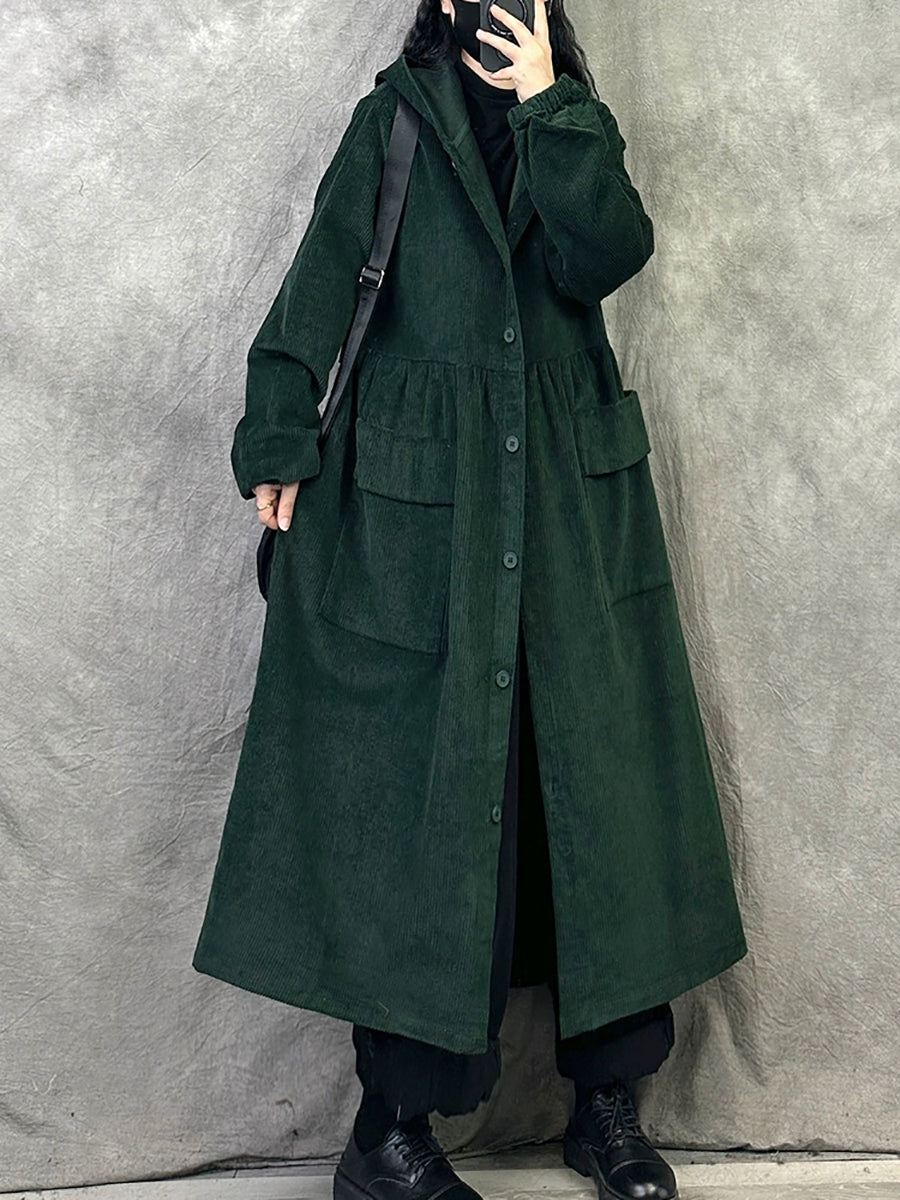 女士復古秋季純色連帽燈芯絨大衣
