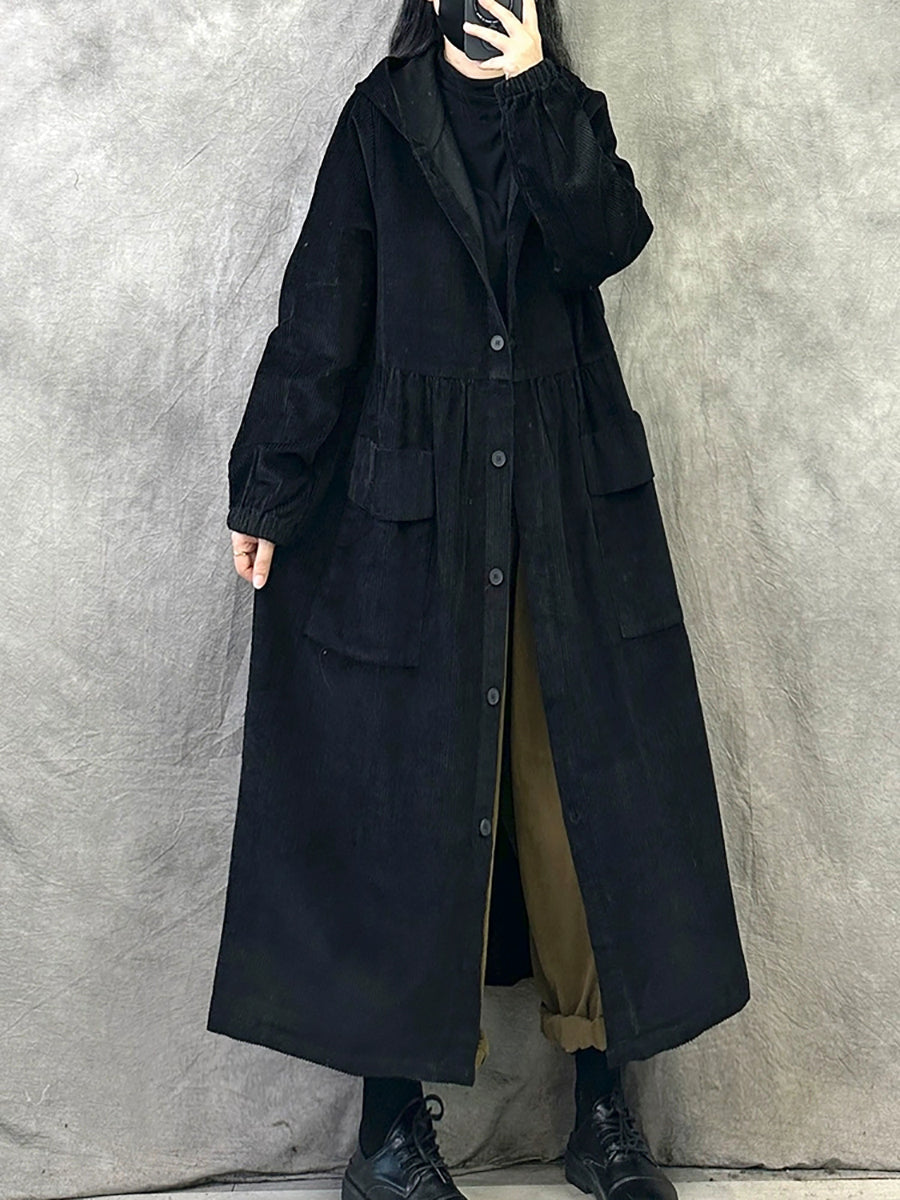 女士復古秋季純色連帽燈芯絨大衣