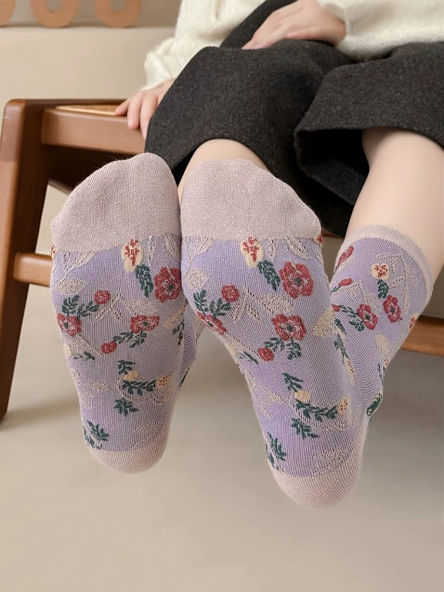 5雙女士藝術花朵提花棉襪