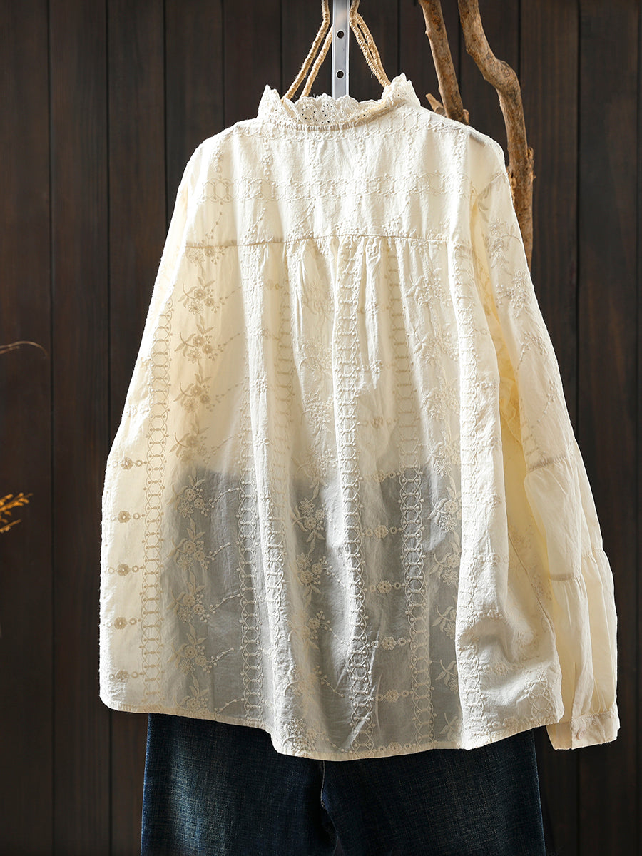 女士冬季藝術立領刺繡100%純棉襯衫