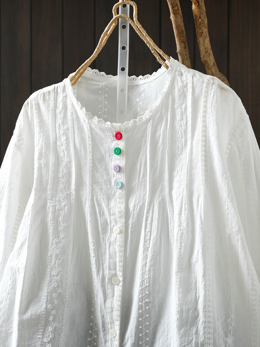 女士夏季藝術刺繡100%純棉襯衫