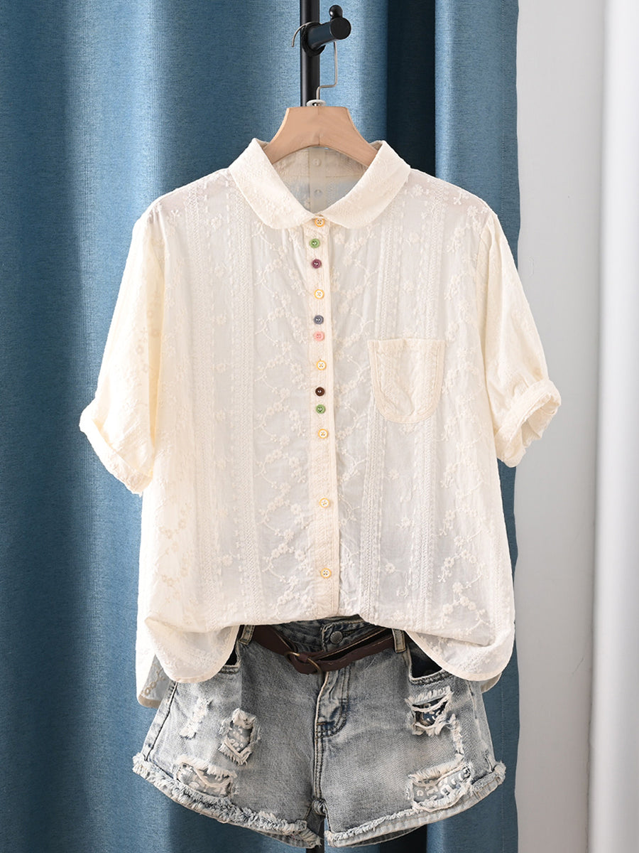 女士夏季藝術刺繡100%純棉襯衫