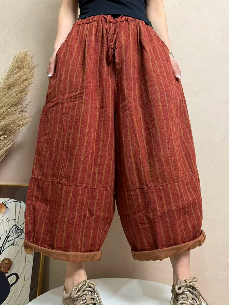 女士夏季休閒條紋亞麻寬褲
