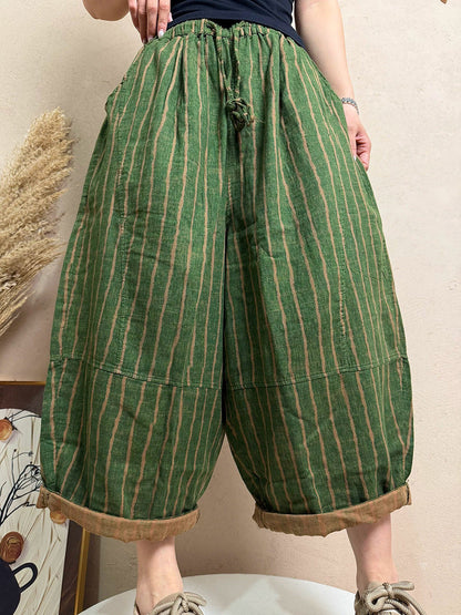 女士夏季休閒條紋亞麻寬褲