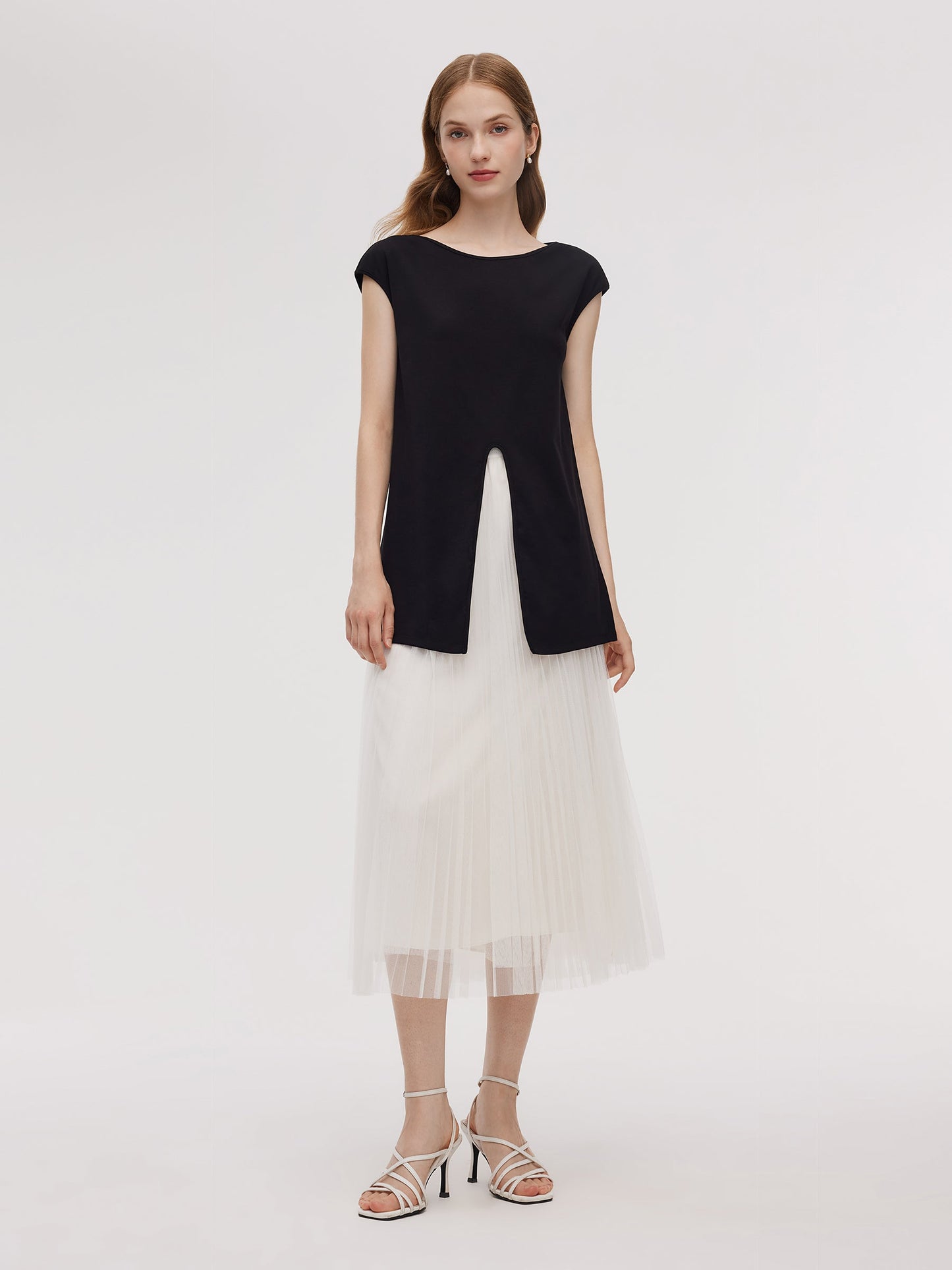 Adjustable Hem Knit Top And Mesh Pleated Skirt Two-Piece Set