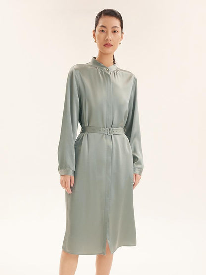 Triacetate Long-Sleeve Slim Midi Collared Dress