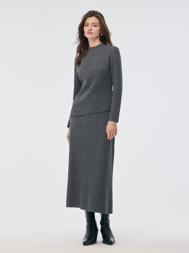 Wool Blend Mock Neck Sweater And A-Line Skirt Two-Piece Set With Belt