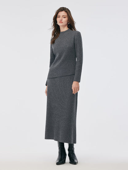 Wool Blend Mock Neck Sweater And A-Line Skirt Two-Piece Set With Belt