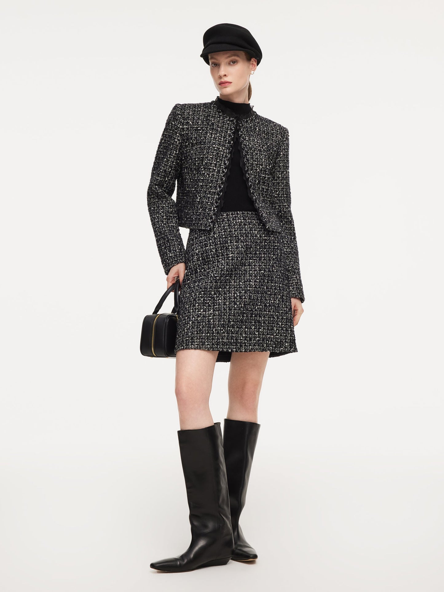 Wool Blend Tweed Cropped Jacket And Skirt Two-Piece Set