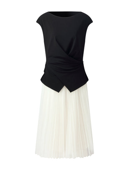 Adjustable Hem Knit Top And Mesh Pleated Skirt Two-Piece Set