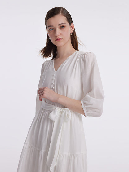 White V-Neck Gathered Waist Midi Dress