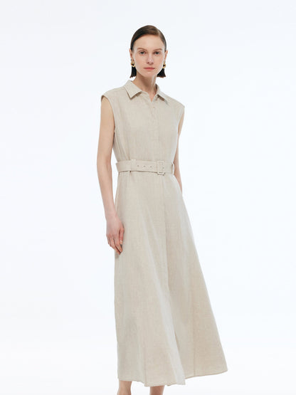 100% Linen Women Vest Maxi Shirt Dress With Belt