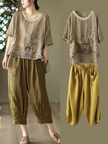 大尺碼女款休閒刺繡苧麻春季 T 卹