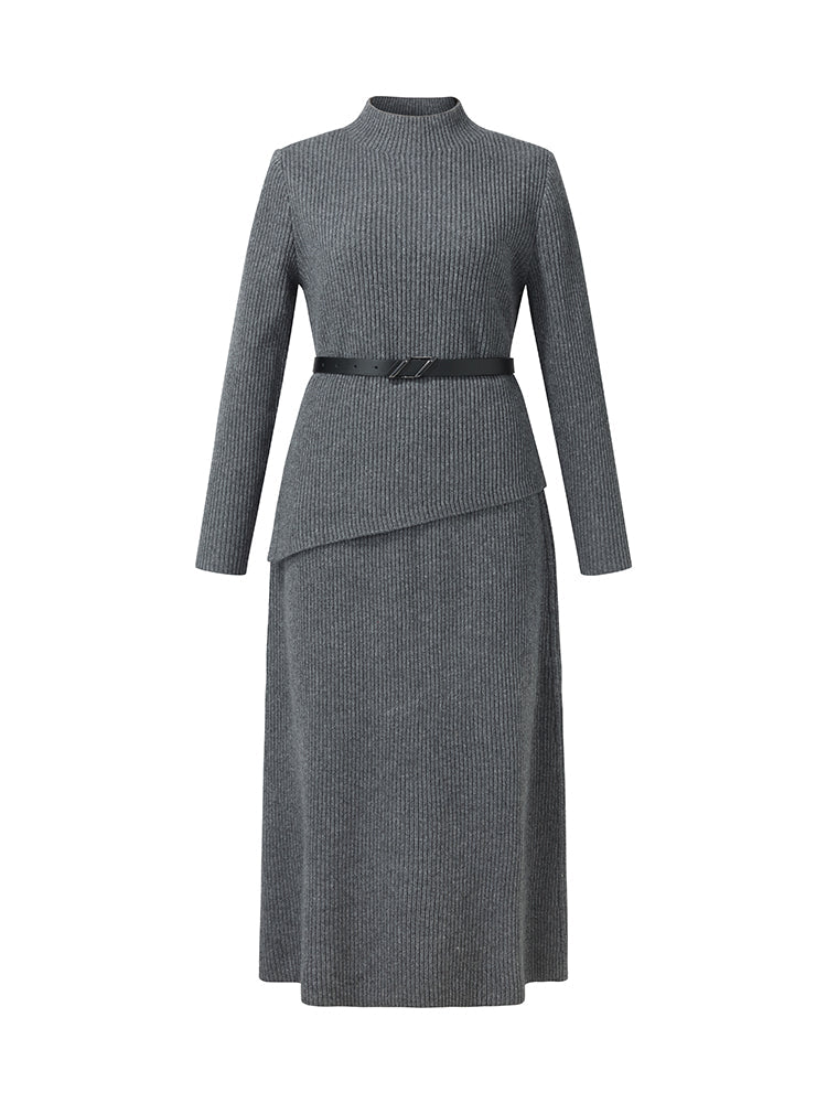 Wool Blend Mock Neck Sweater And A-Line Skirt Two-Piece Set With Belt