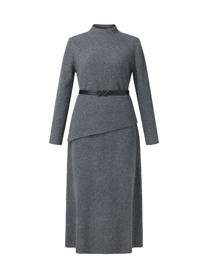 Wool Blend Mock Neck Sweater And A-Line Skirt Two-Piece Set With Belt