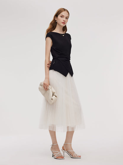 Adjustable Hem Knit Top And Mesh Pleated Skirt Two-Piece Set