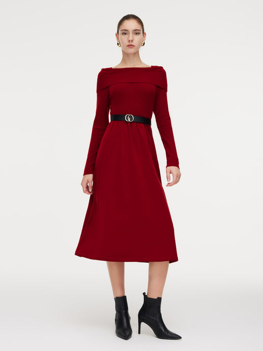 Tencel Wool Blend Boat Neck Women Knit Maxi Dress With Leather Belt