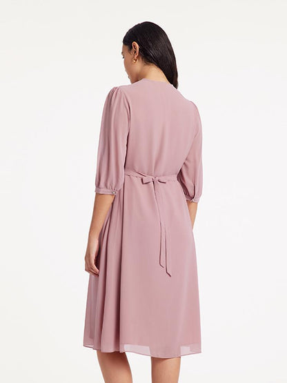 V-Neck Pleated Lace Up Wrap Midi Dress