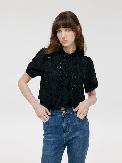 New Chinese-Style Lace Sequins Patchwork Women Blouse