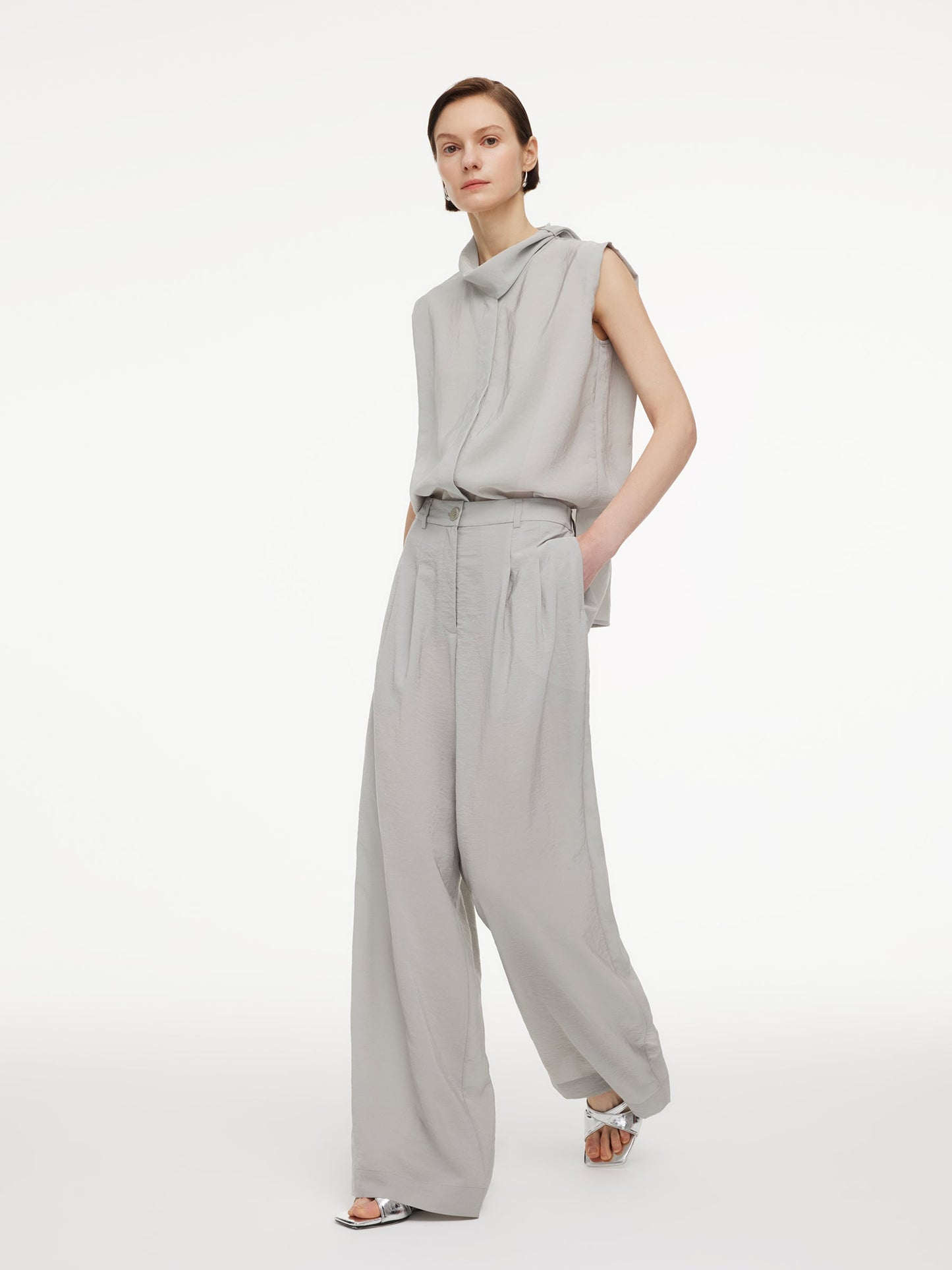 Triacetate Blend Ribbon Neck Women Sleeveless Blouse