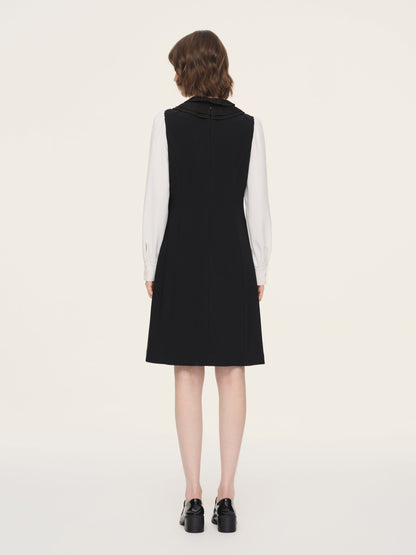 Worsted Wool Blend Ruffle Collar Women Mini Dress With Detachable Ribbon