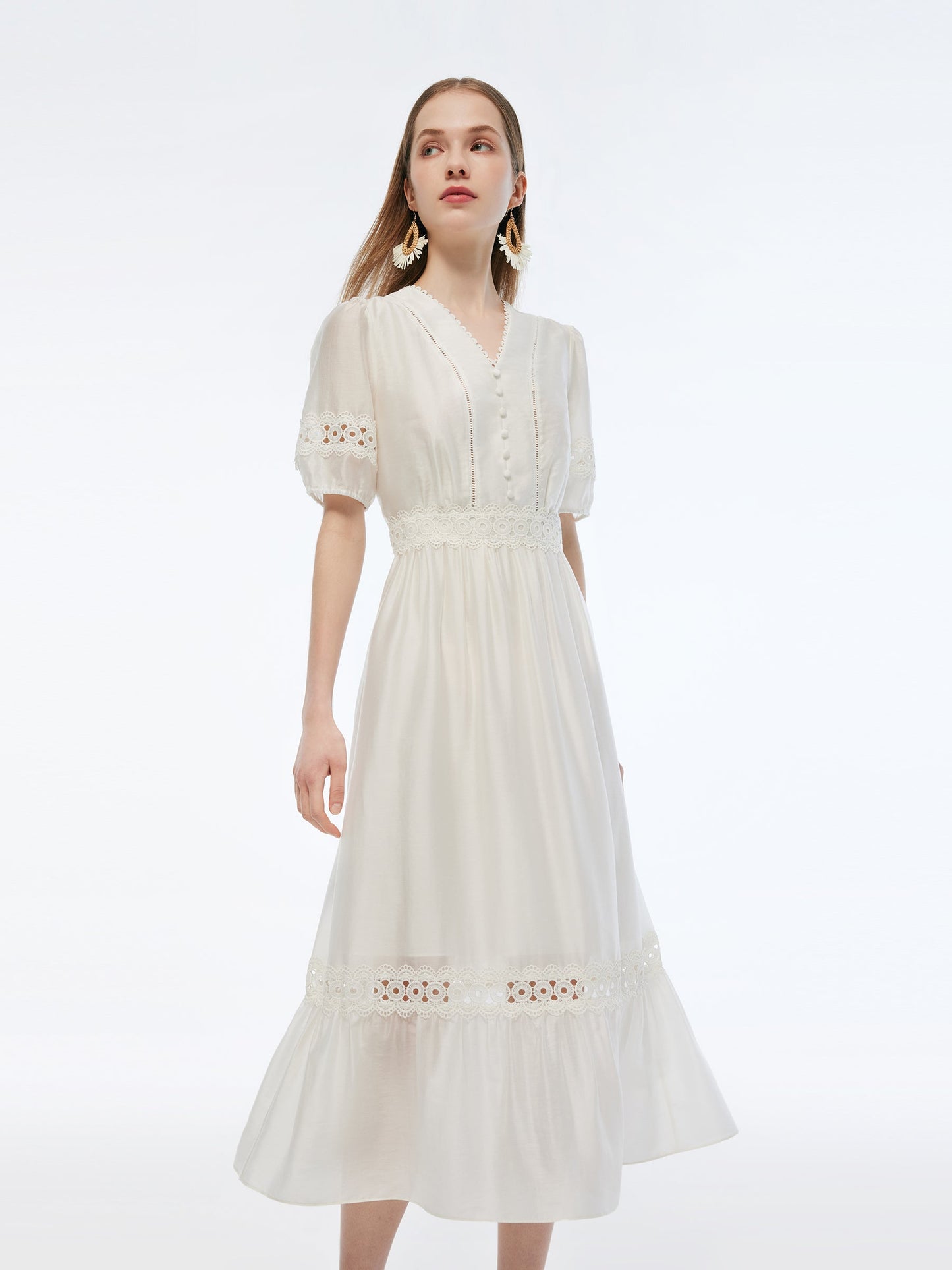 Tencel Blend Patchwork Lace Women Maxi Dress