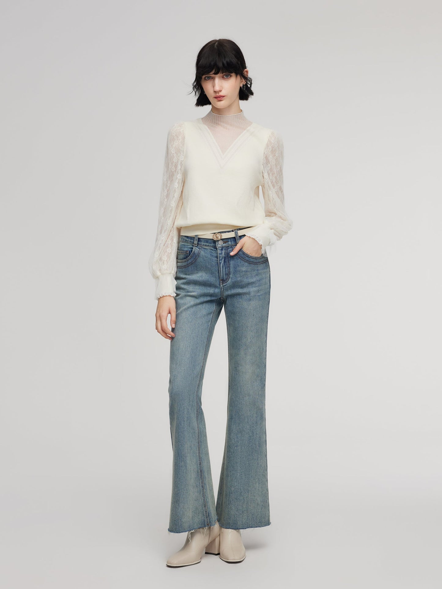 Tencel Wool Blend Lace Patchwork Women Knit Top