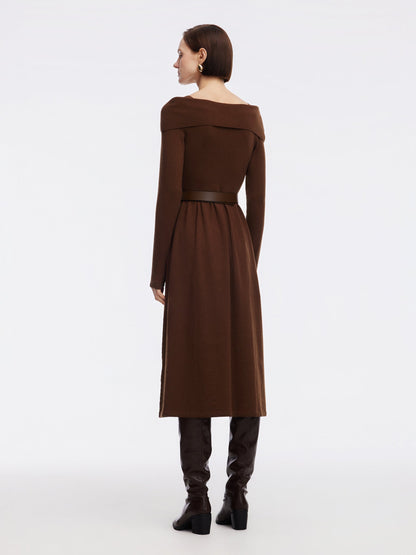 Tencel Wool Blend Boat Neck Women Knit Maxi Dress With Leather Belt