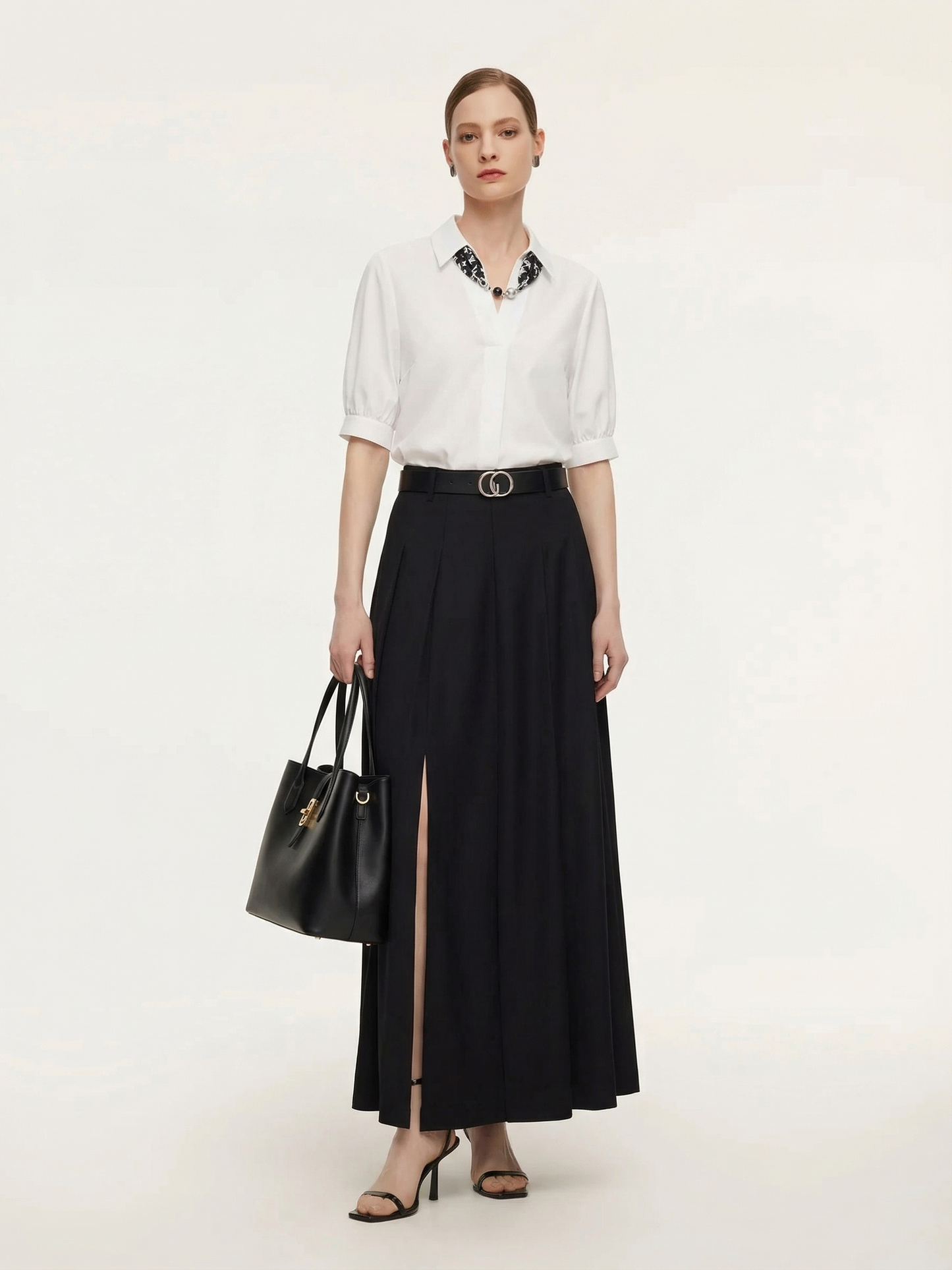 Puff Sleeves V-Neck Women Shirt With Silk Scarf