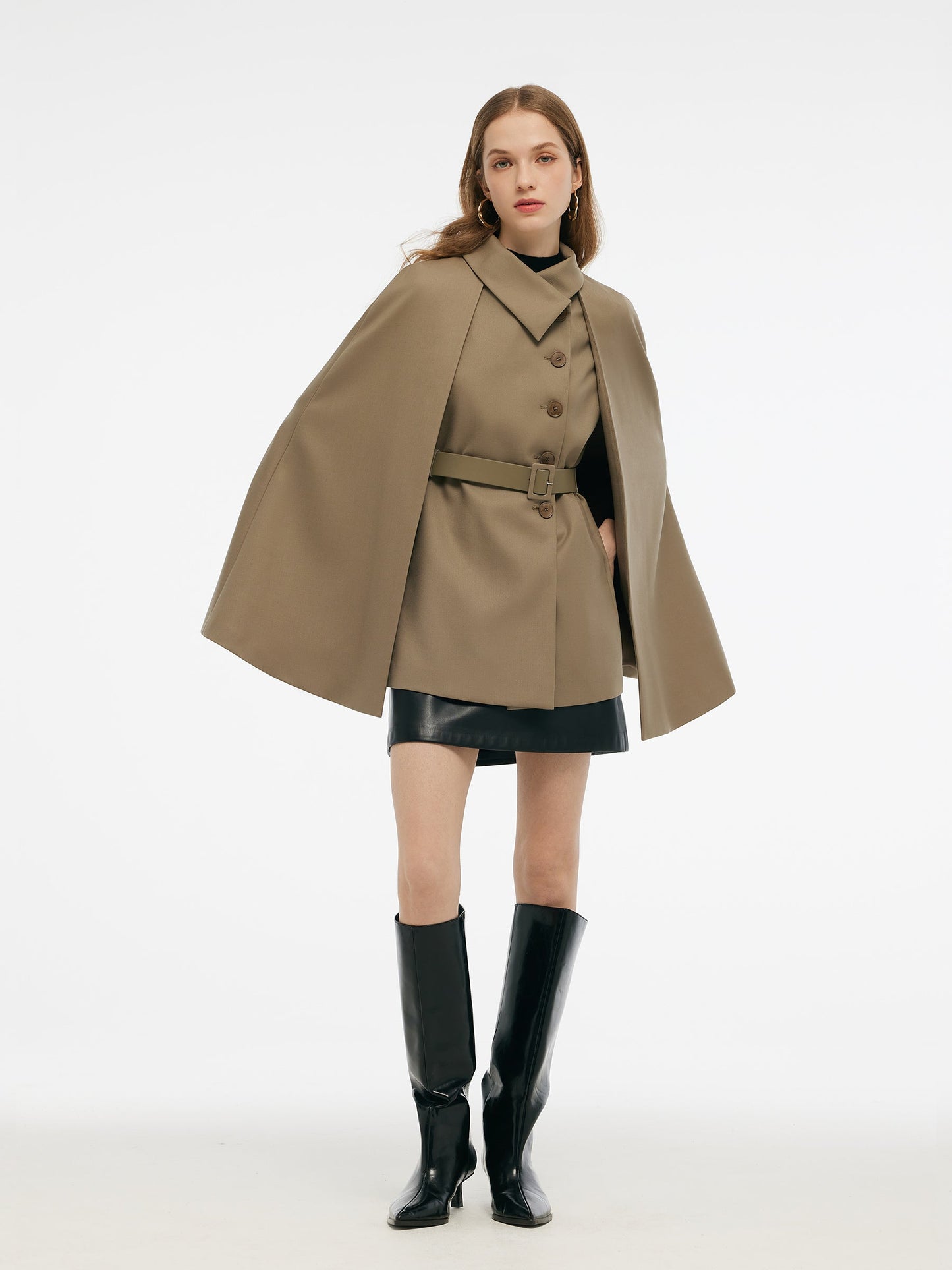 100% Worsted Wool Cape And Vest Two-Piece Set With Belt
