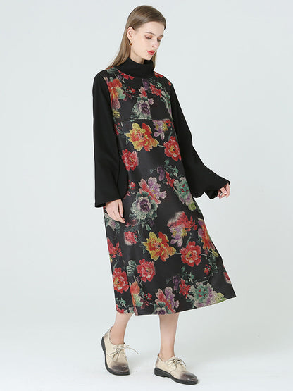 大尺碼花卉印花高領長袖春冬洋裝 M-2XL