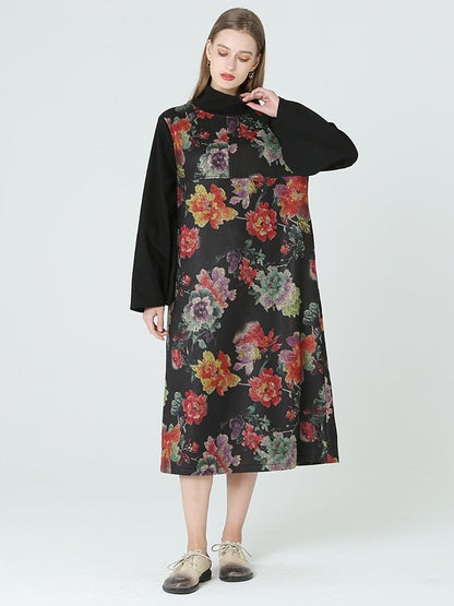 大尺碼花卉印花高領長袖春冬洋裝 M-2XL