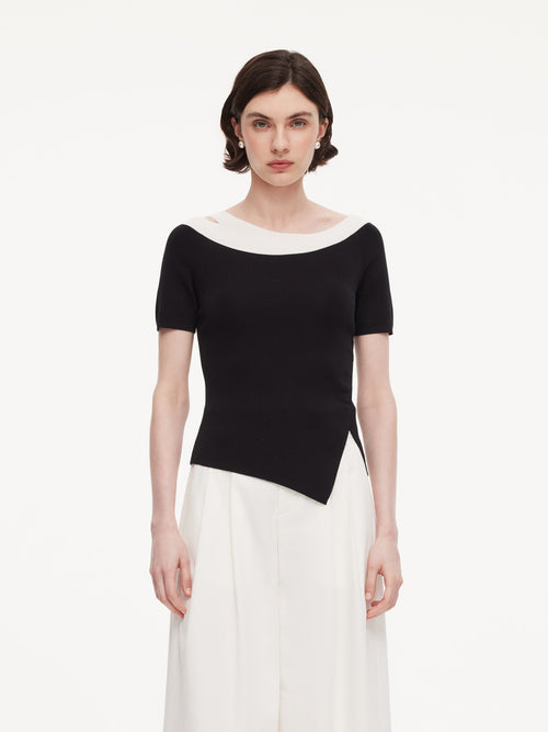 Tencel Blend Color Block Women Cut-Out Knit Top