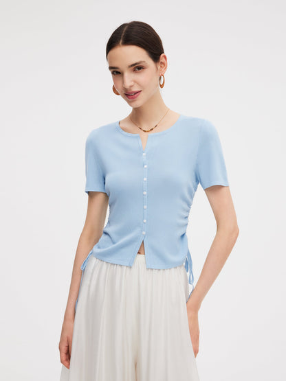 Acetate Tencel Blend Side Drawstring Women Knit Top