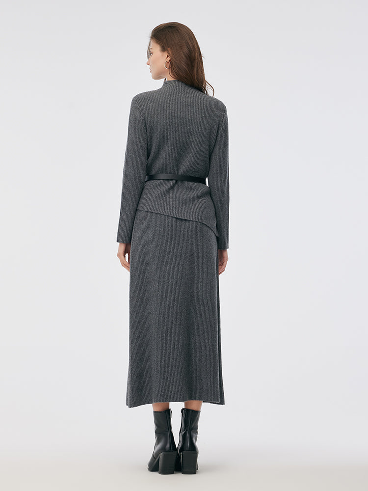Wool Blend Mock Neck Sweater And A-Line Skirt Two-Piece Set With Belt