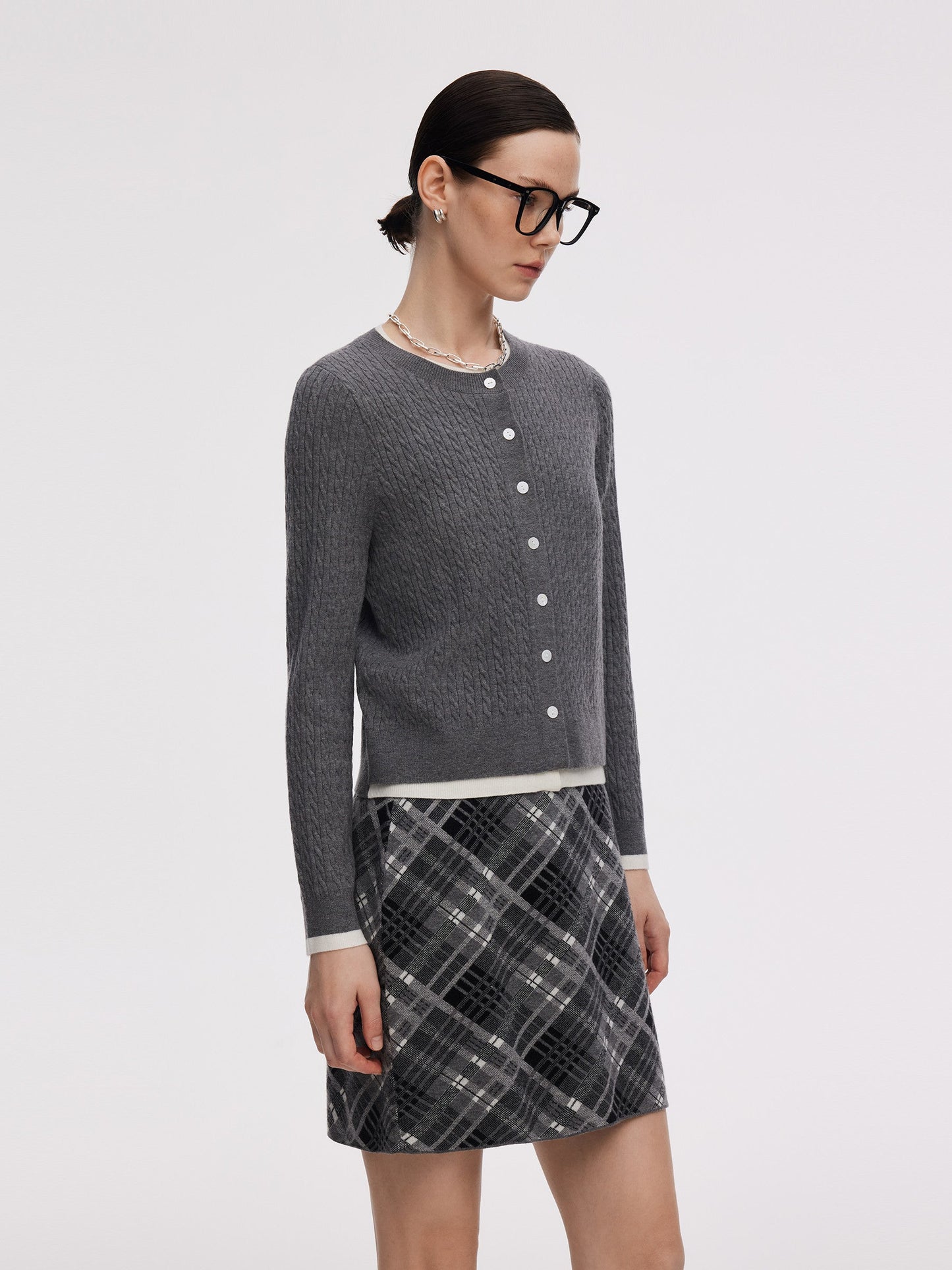 Faux-Layered Cardigan And Plaid Skirt Two-Piece Set