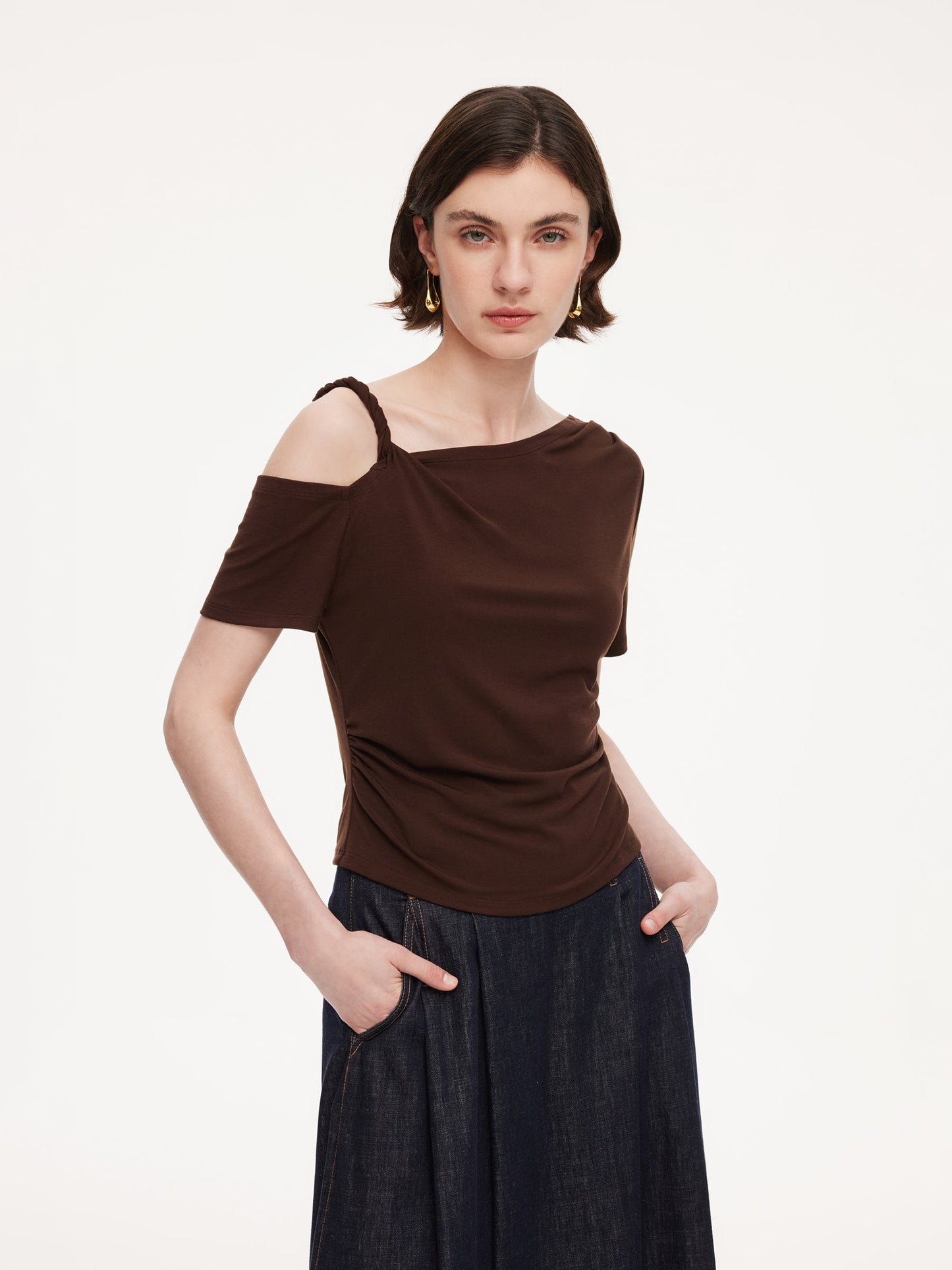 Tencel Blend Stretch One-Shoulder Women Knit Top