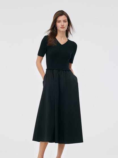Tencel V-Neck Patchwork Women Midi Dress