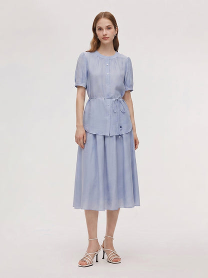 Acetate Blend Blouse And A-Line Skirt Belted Two-Piece Set