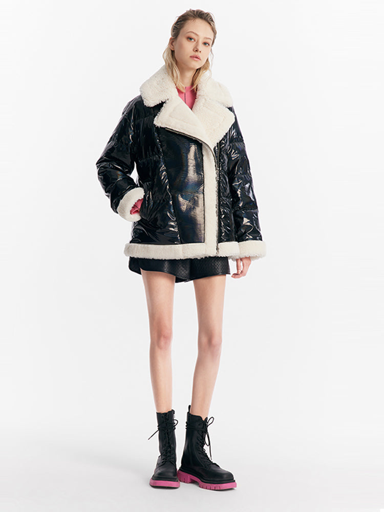 Lapel Patchwork Goose Down Jacket