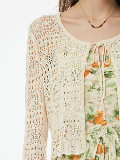 Cotton Floral Print Strap Maxi Dress And Openwork Cardigan Two-Piece Set