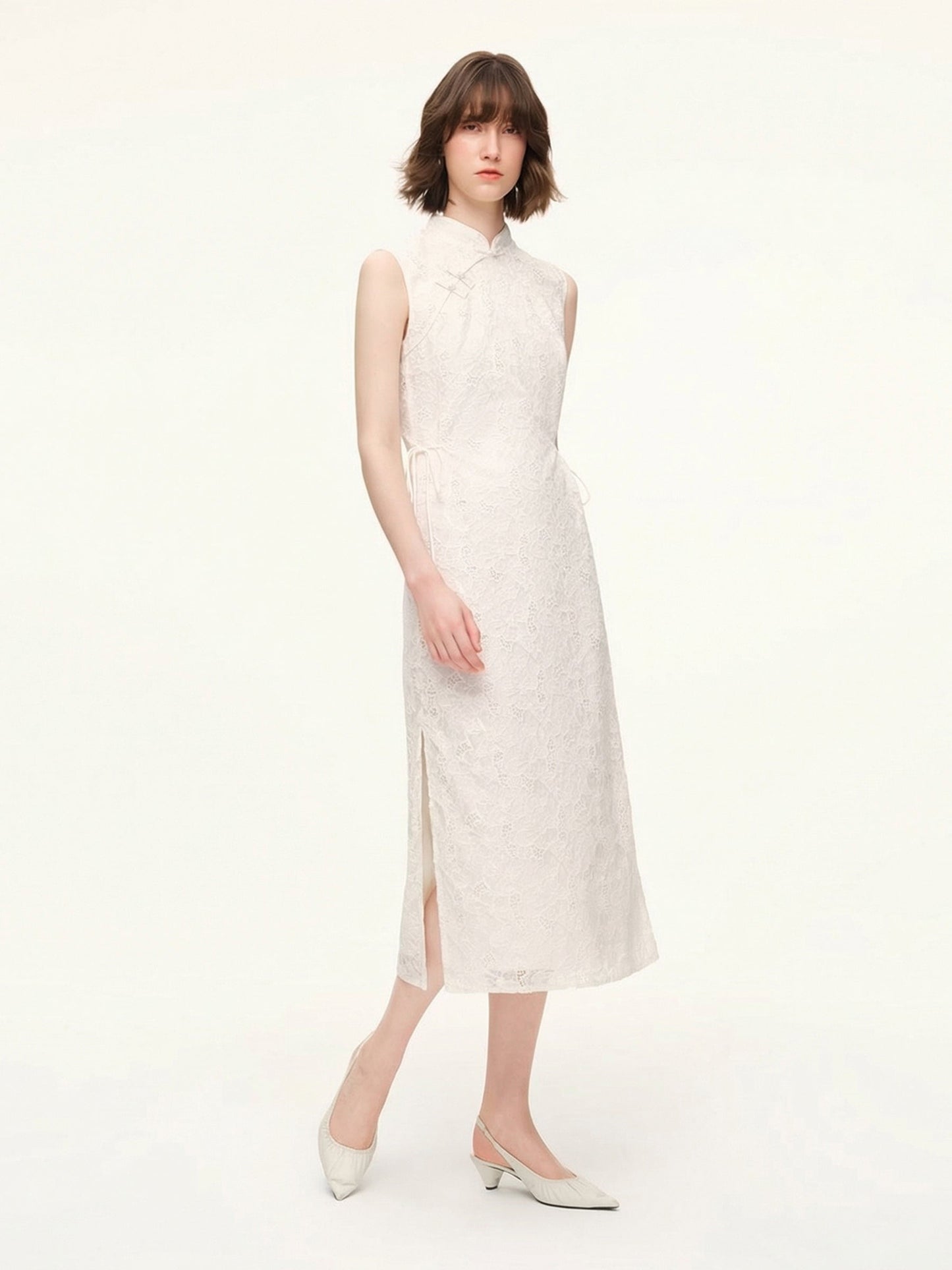 Lace Sequins Adjustable Drawstring Waist Women Qipao Midi Dress