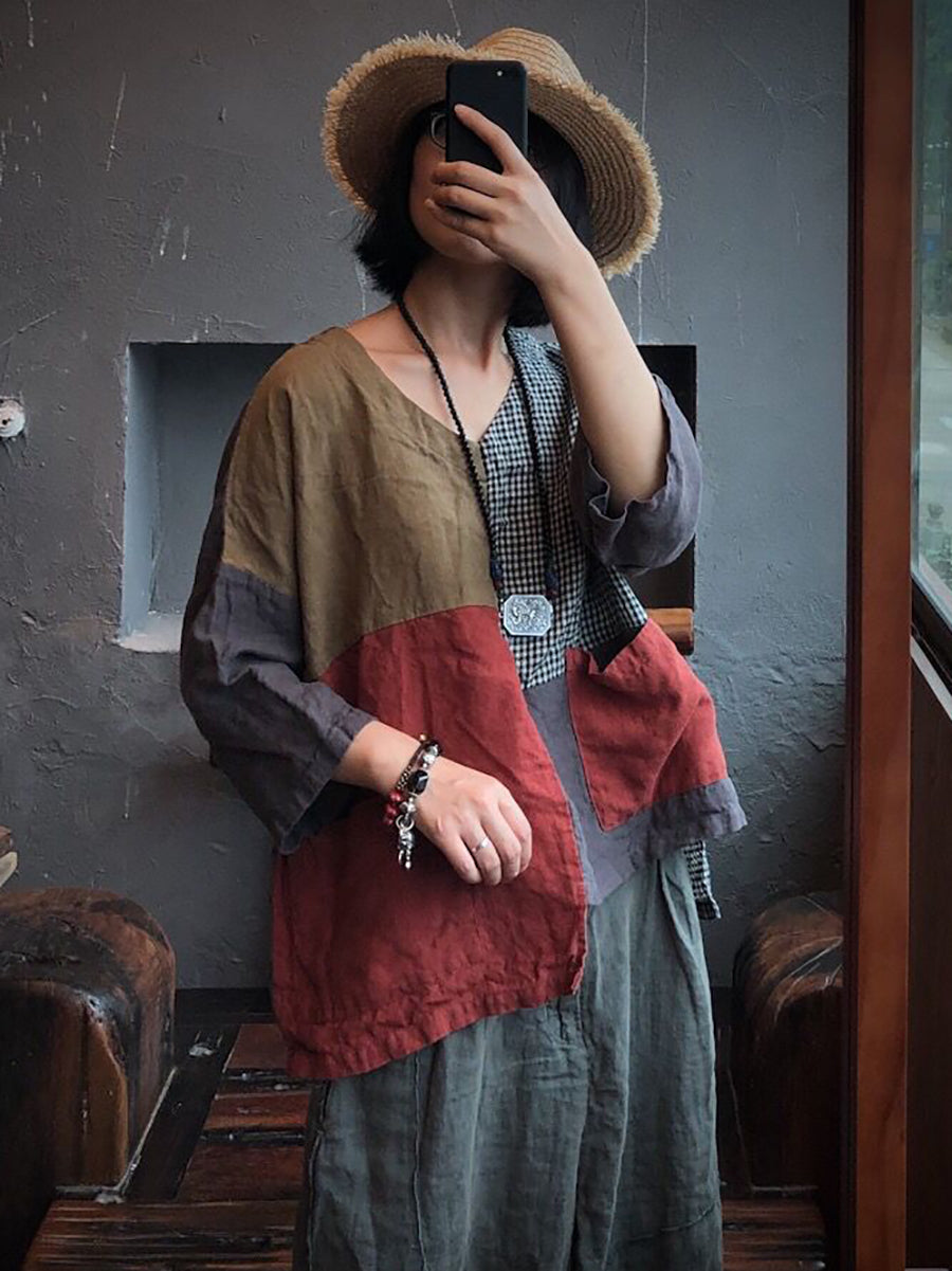 大尺碼女款亞麻復古貼片拼接口袋不規則寬鬆襯衫