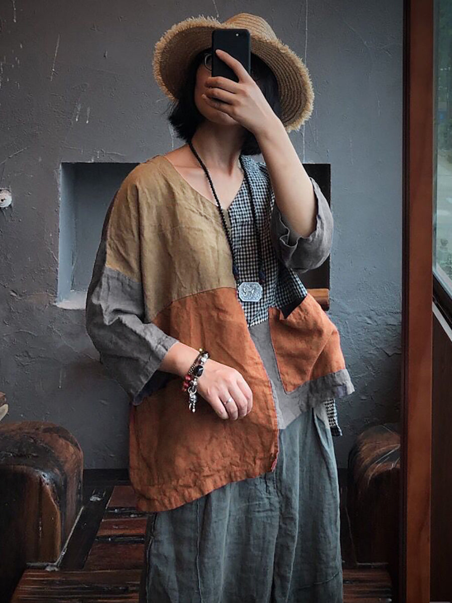 大尺碼女款亞麻復古貼片拼接口袋不規則寬鬆襯衫
