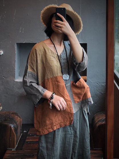大尺碼女款亞麻復古貼片拼接口袋不規則寬鬆襯衫