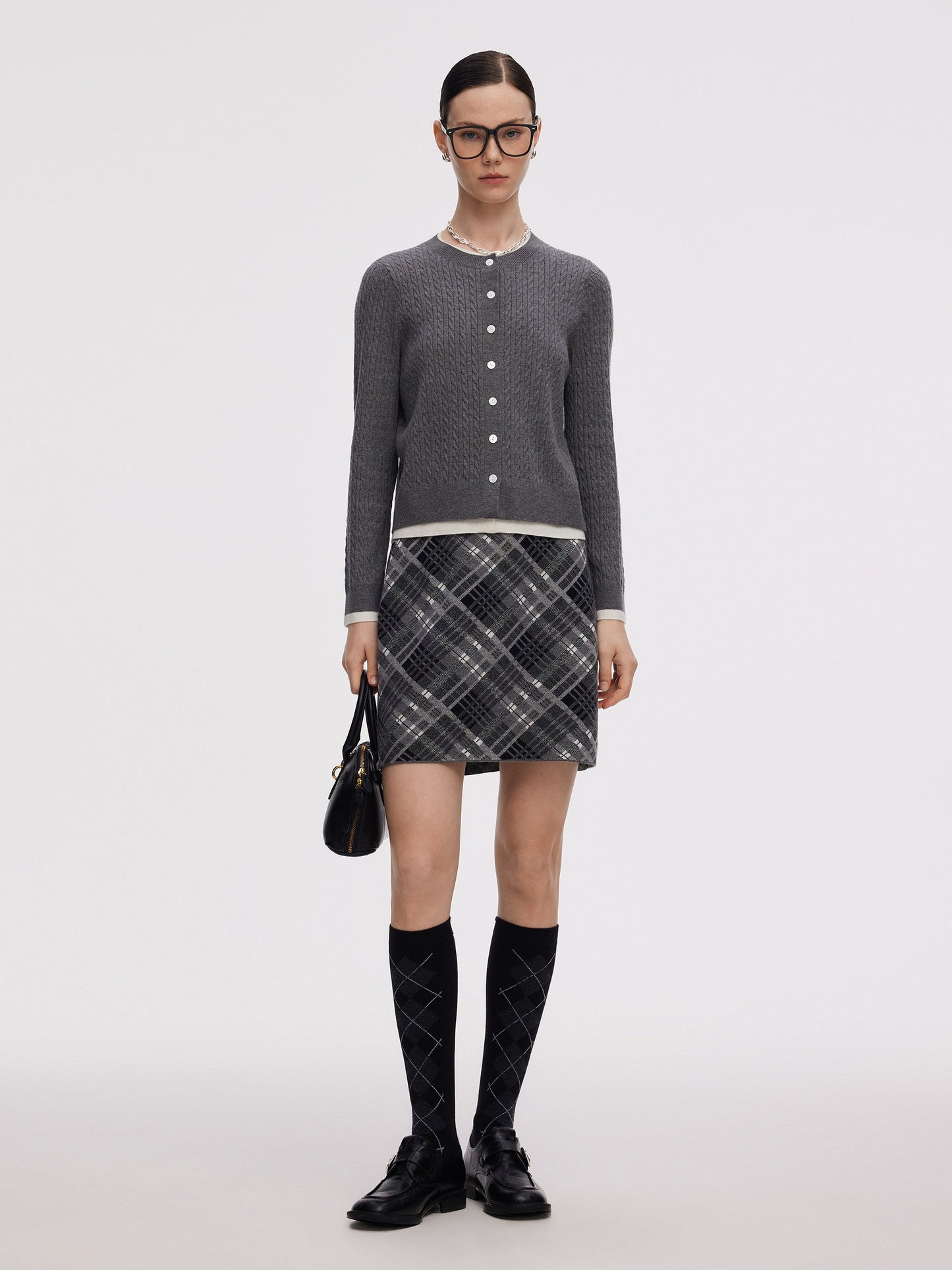 Faux-Layered Cardigan And Plaid Skirt Two-Piece Set