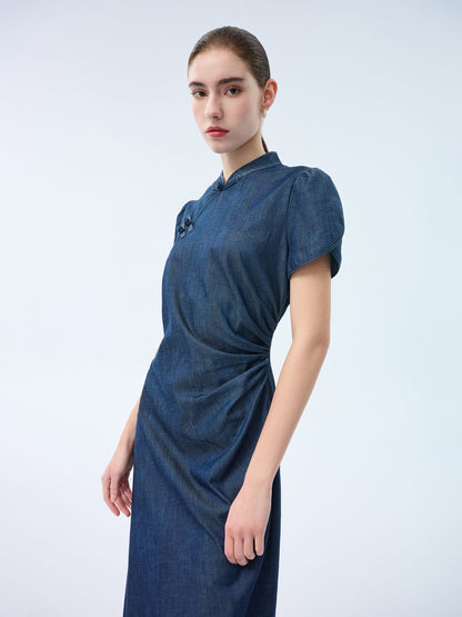Tencel Blend Denim Side Twist Women Qipao Midi Dress