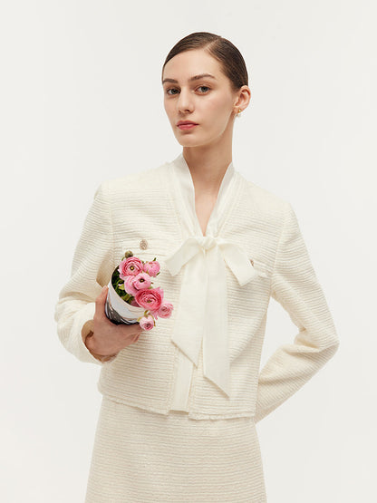 Tweed Bow Tie Neck Jacket And Mini Skirt Two-Piece Set