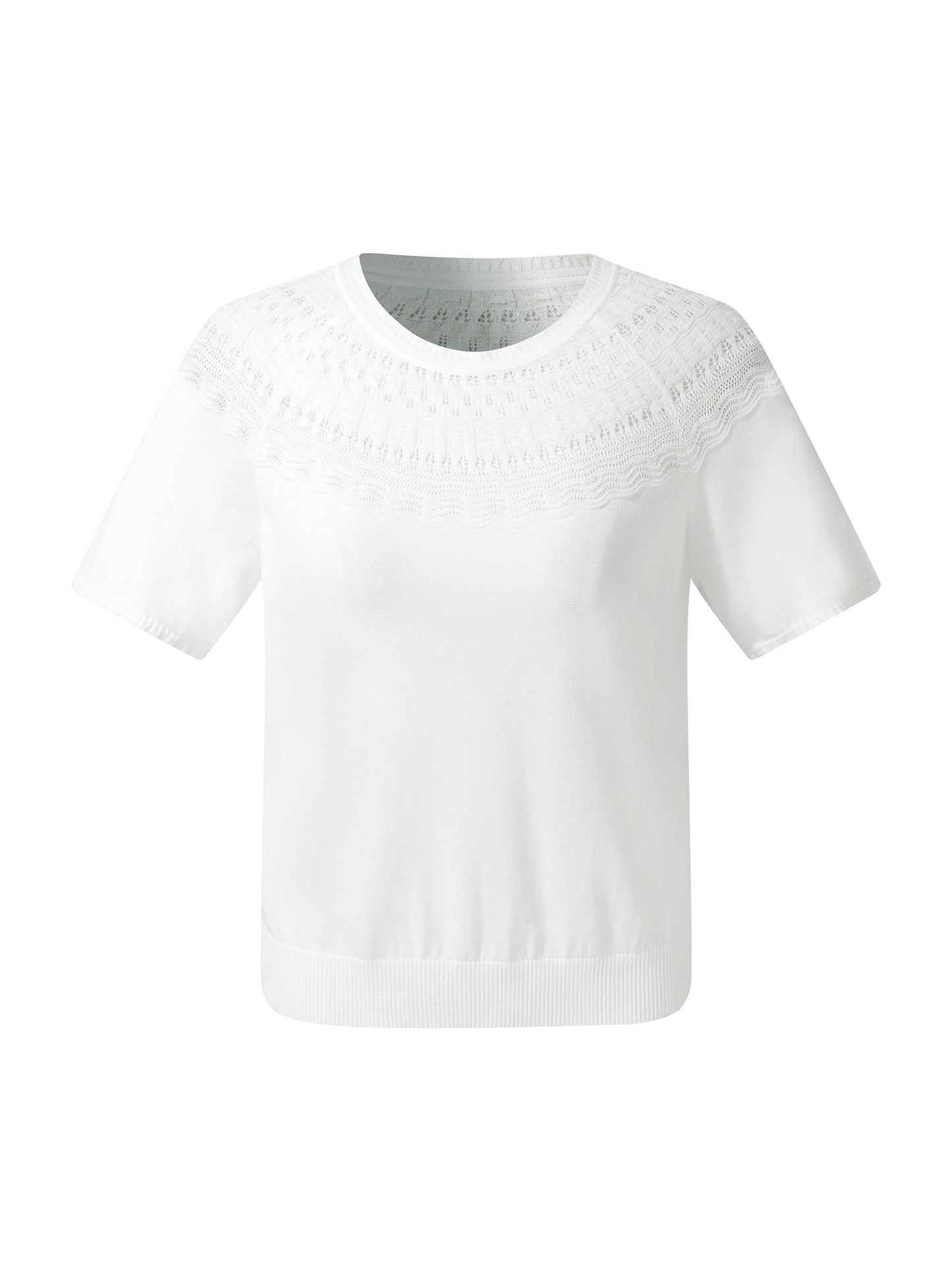 Tencel Blend Openwork Women Ruffle Round Neck Knit Top